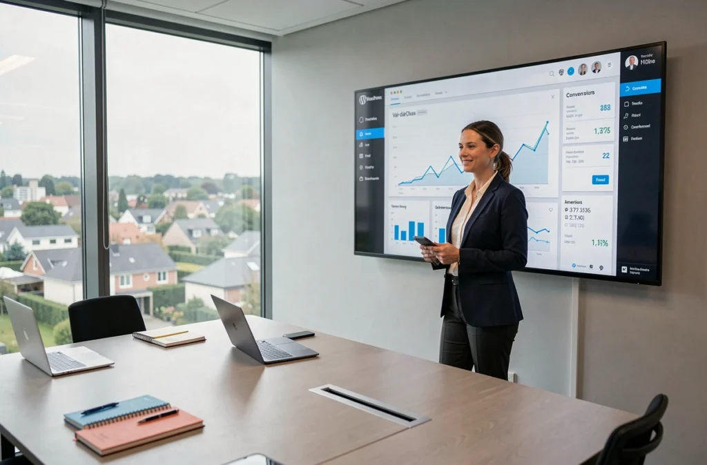 Cheffe de projet de l'agence Netione présentant un tableau de bord WordPress lors d'une réunion client professionnelle