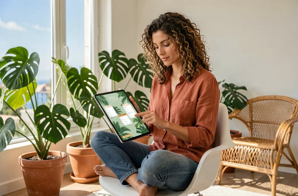 Designer de l'agence Palmsquare travaillant sur une interface mobile aux motifs tropicaux dans un studio lumineux