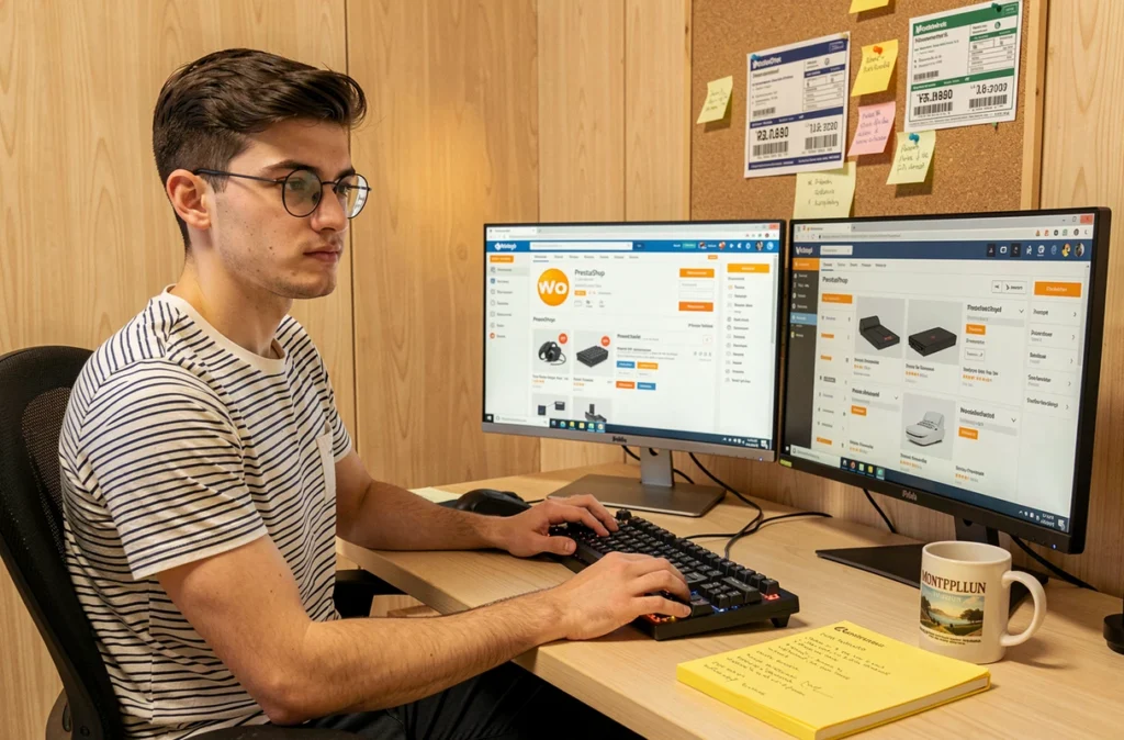Développeur e-commerce de l'agence Prestaweb configurant une boutique en ligne PrestaShop sur deux écrans