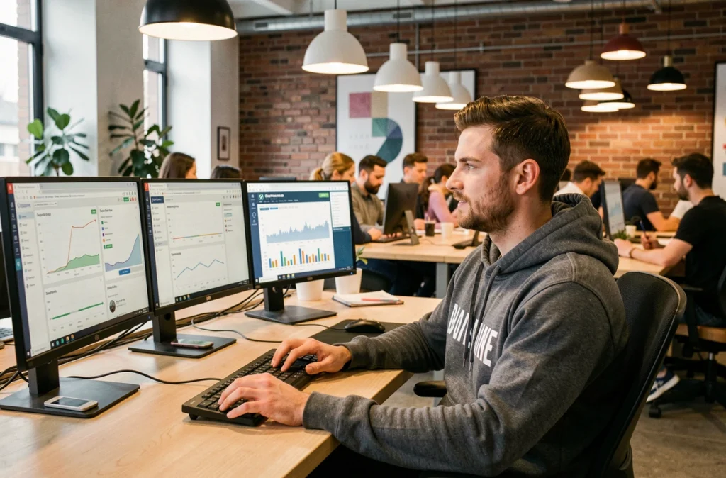 Technicien en maintenance web et infrastructure digitale travaillant sur des tableaux de bord de suivi dans une agence numérique à Marseille