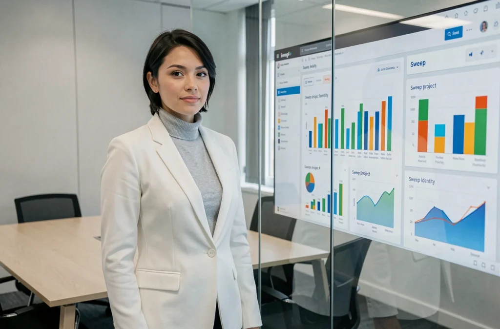 Collaboratrice de l'agence Sweep présentant un tableau de bord analytique dans une salle de réunion moderne
