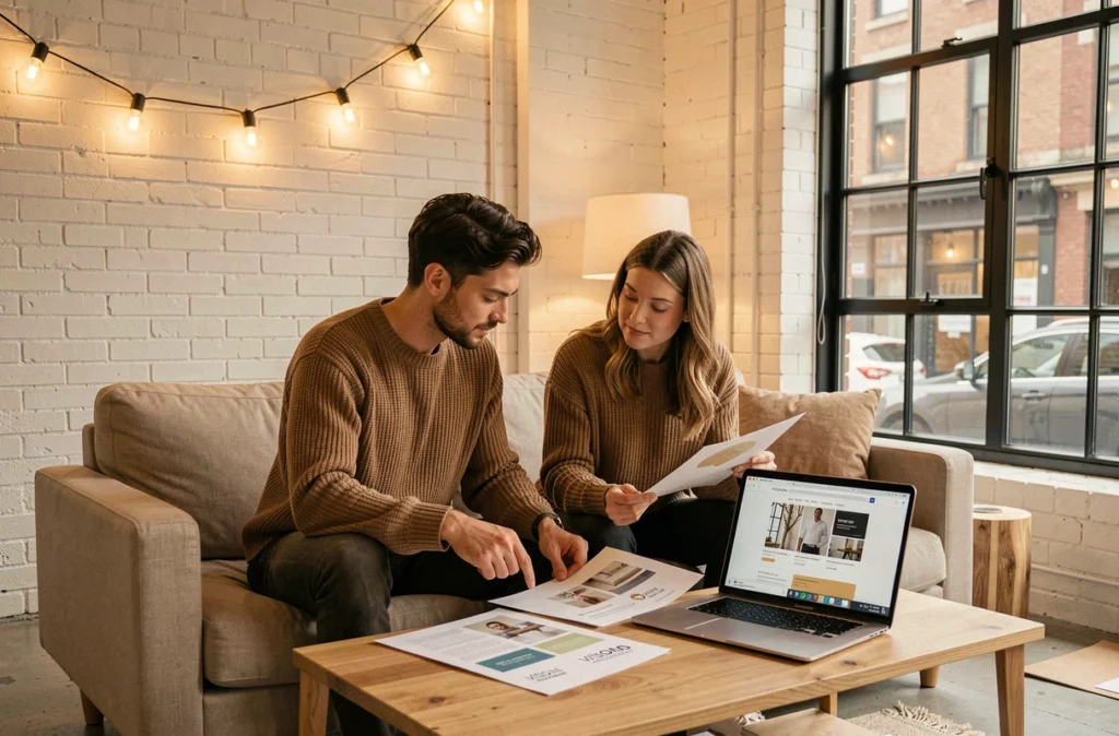 Équipe créative de l'agence Visions Nouvelles travaillant sur un projet de refonte de marque dans un studio moderne