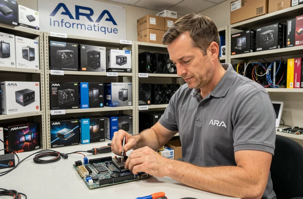 Technicien d'ARA Informatique réparant une carte mère dans son atelier professionnel