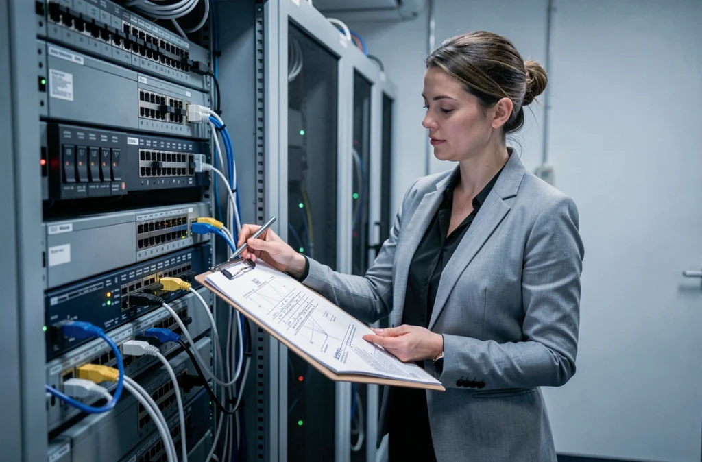Spécialiste informatique de BaB Informatique Services gérant un réseau dans une salle serveur professionnelle