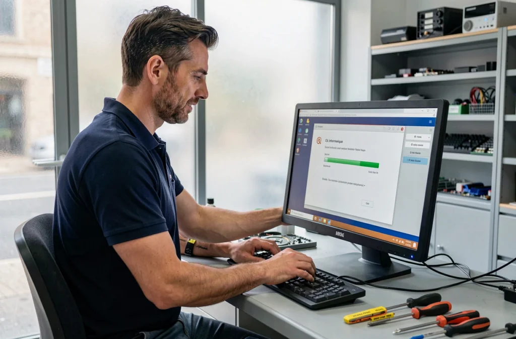 Technicien de Clic Informatique Pierrelatte effectuant une récupération système sur un ordinateur de bureau