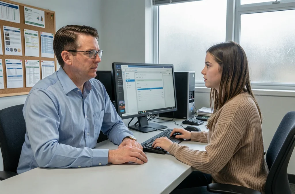 Conseiller informatique aidant une étudiante à configurer son mail académique dans un bureau d'assistance de l'académie de Lille