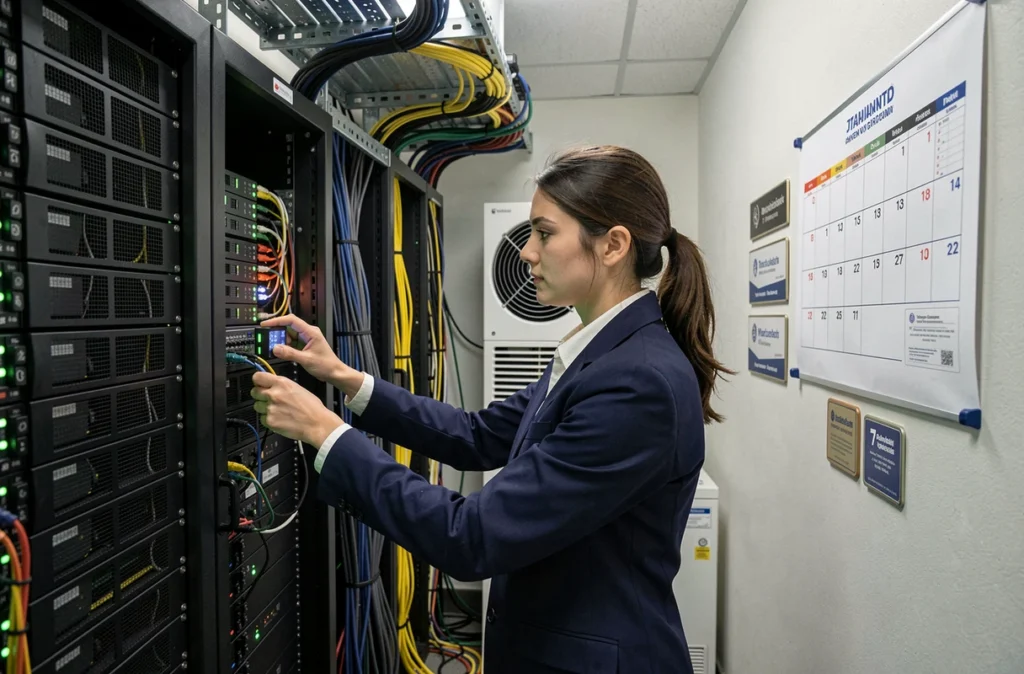 Technicienne informatique intervenant dans une salle serveur avec une disponibilité 7 jours sur 7 et des certifications constructeurs visibles