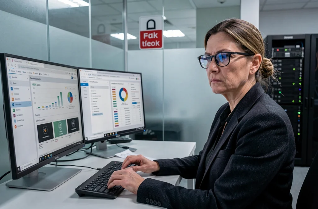 Analyste en cybersécurité surveillant des tableaux de bord de conformité réglementaire et de détection des menaces dans un centre opérationnel sécurisé