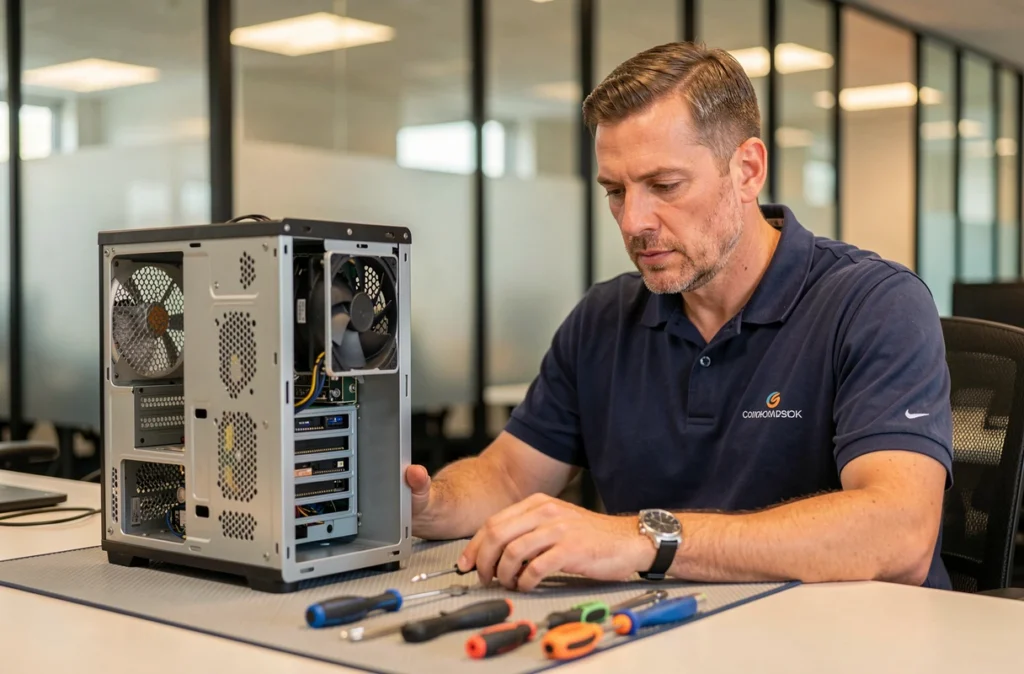 Technicien de Digicom Concept réparant un ordinateur de bureau dans un bureau professionnel à Bayonne