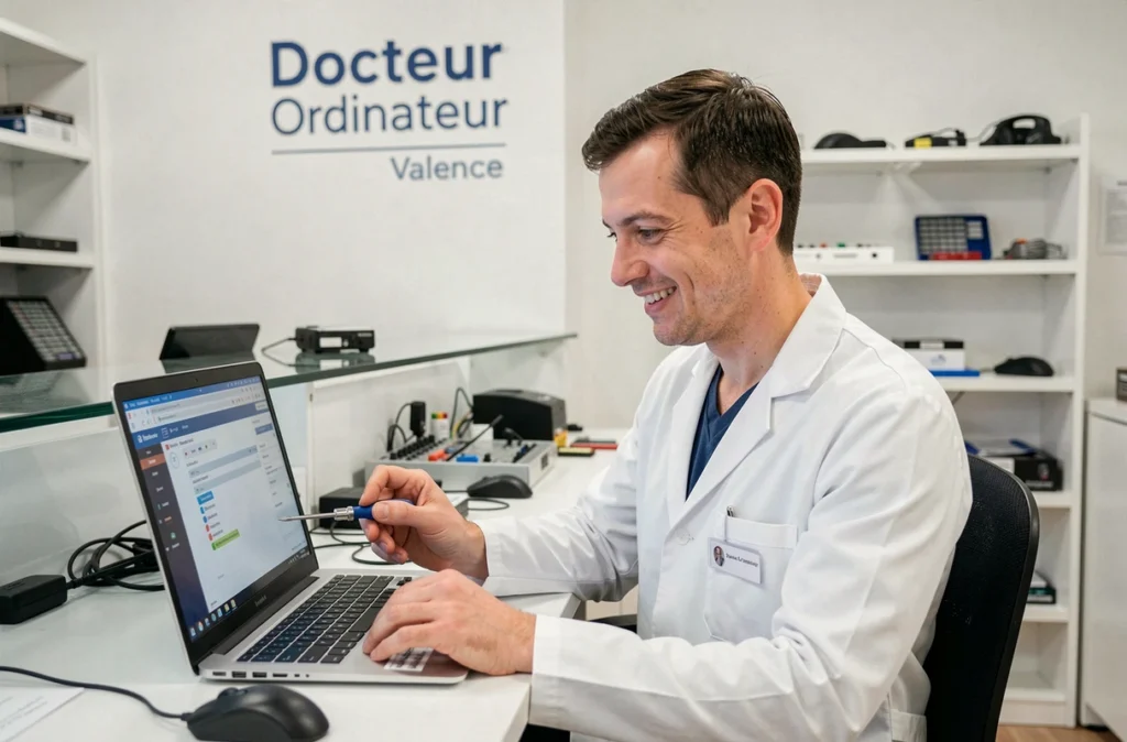 Technicien du Docteur Ordinateur Valence diagnostiquant un ordinateur portable en atelier
