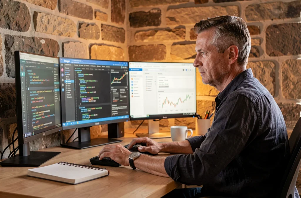 Développeur d'Etche.net travaillant sur un site web dans un studio au style basque avec des murs en pierre
