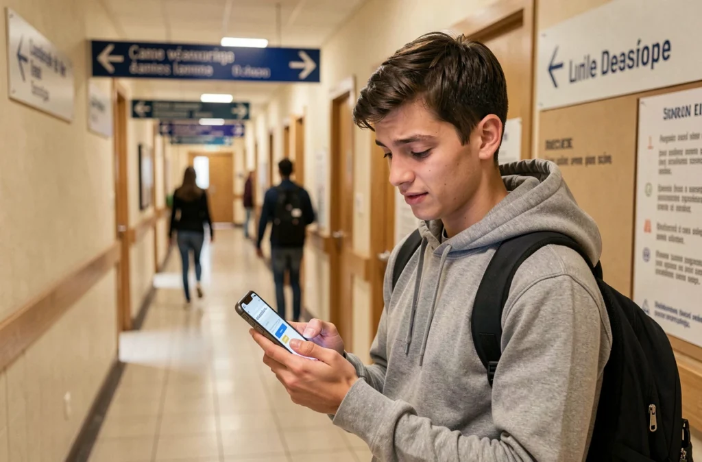 Étudiant nouvel arrivant consultant son smartphone pour activer son adresse mail académique dans un couloir universitaire