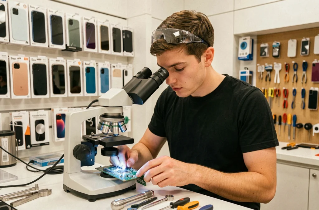 Spécialiste de GSM Concept réparant une carte mère de smartphone sous microscope dans une boutique à Bayonne