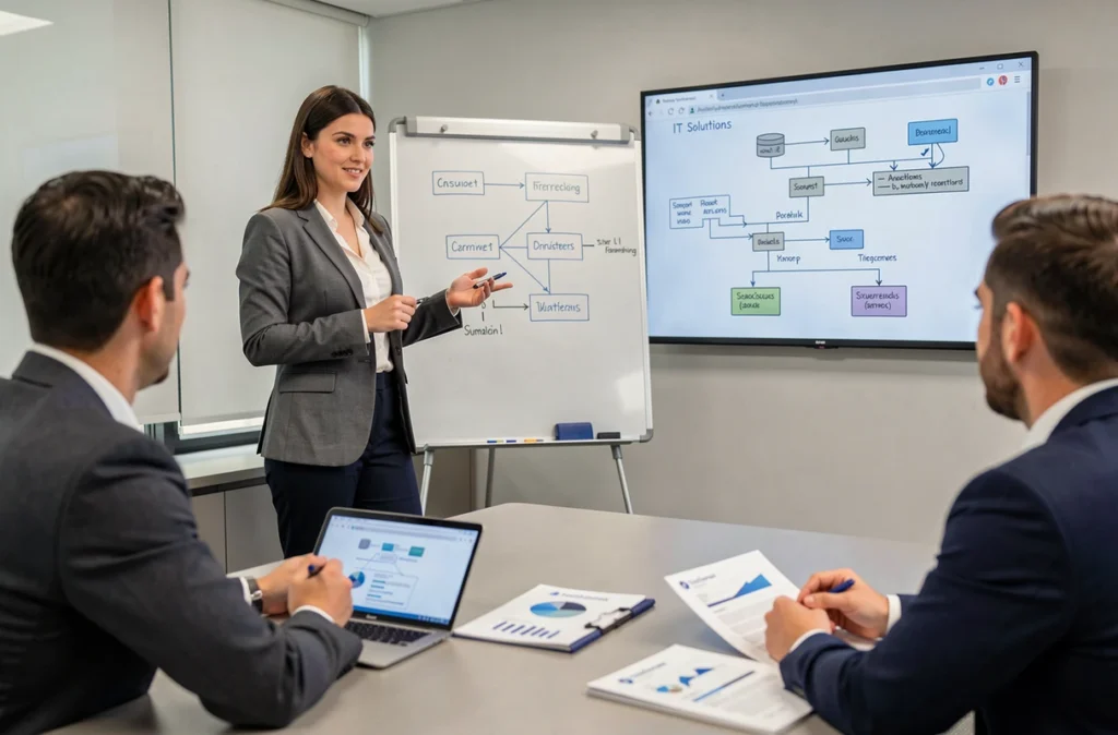 Spécialiste IT présentant une solution informatique sur mesure à des clients professionnels dans une salle de réunion moderne à Marseille