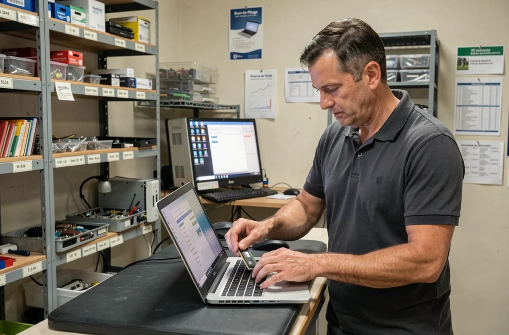 Technicien d'Informatique Bourg-de-Péage installant une barrette de RAM dans un ordinateur portable
