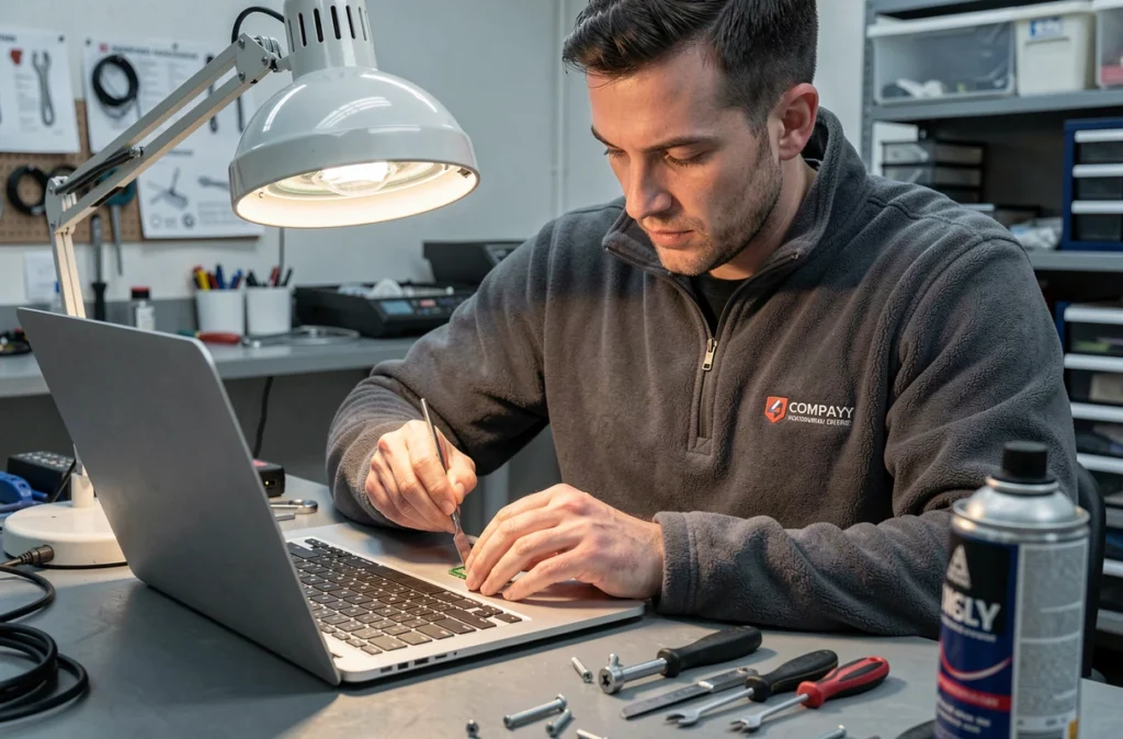 Technicien de Lcx Informatique effectuant la maintenance thermique d'un ordinateur portable dans un atelier professionnel