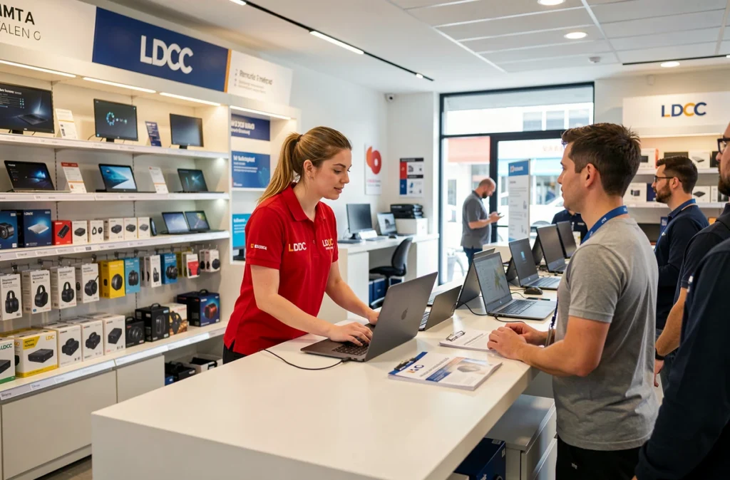 Conseillère LDLC Valence aidant un client au comptoir de service informatique