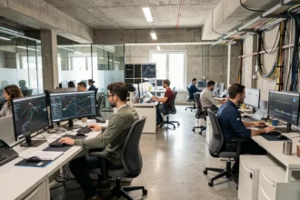 Vue panoramique d'un bureau informatique professionnel à Marseille avec des techniciens travaillant sur des postes multi-écrans