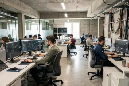 Vue panoramique d'un bureau informatique professionnel à Marseille avec des techniciens travaillant sur des postes multi-écrans