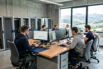 Vue d'ensemble d'un bureau de maintenance informatique professionnel dans les Pyrénées-Atlantiques avec des techniciens au travail
