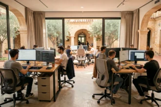 Vue d'ensemble d'une agence de développement web moderne dans l'Hérault, avec des équipes travaillant sur des écrans et des projets numériques