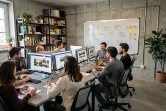 Équipe d'une agence digitale du Val-d'Oise collaborant autour de projets WordPress sur plusieurs écrans
