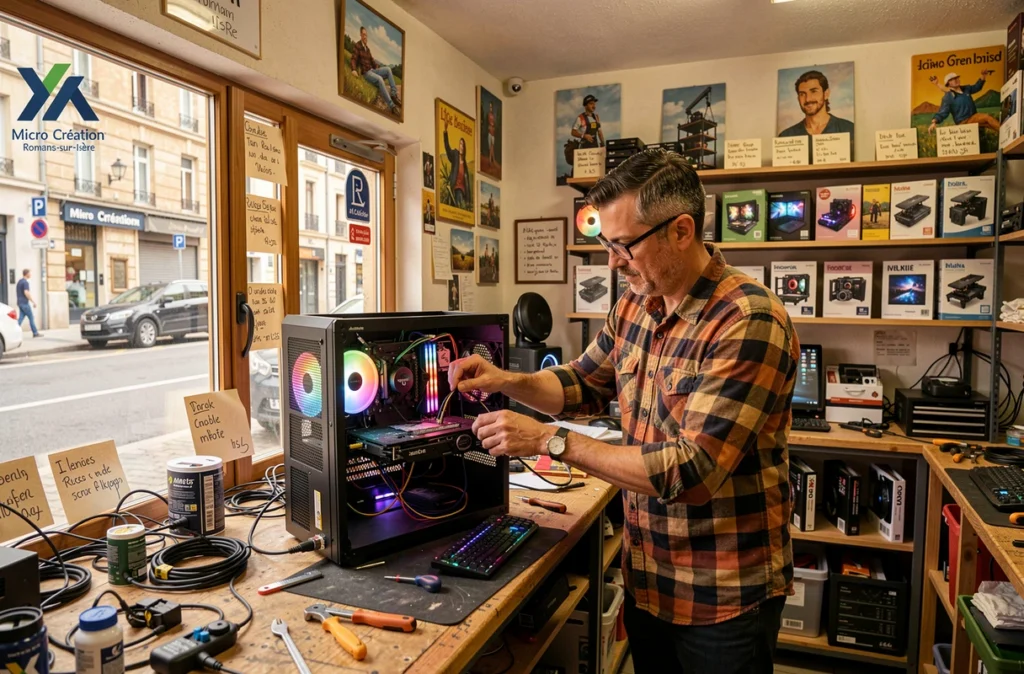 Technicien de Micro Création Romans-sur-Isère assemblant un PC personnalisé dans son atelier artisanal