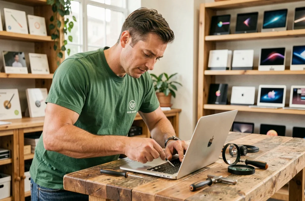 Technicien de Mon Mac Eco réparant un MacBook dans un atelier de réparation écologique