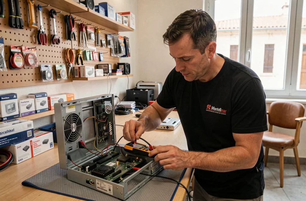 Technicien de Montélimar Informatique testant des composants d'un ordinateur de bureau avec un multimètre