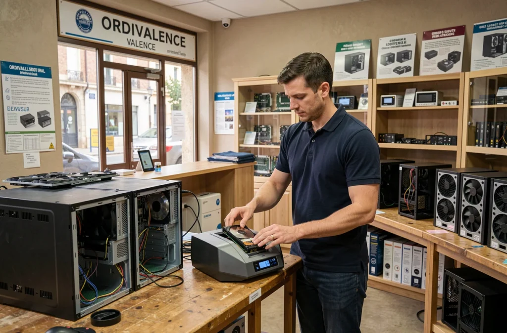 Technicien Ordivalence connectant un disque dur à un appareil de diagnostic en atelier à Valence