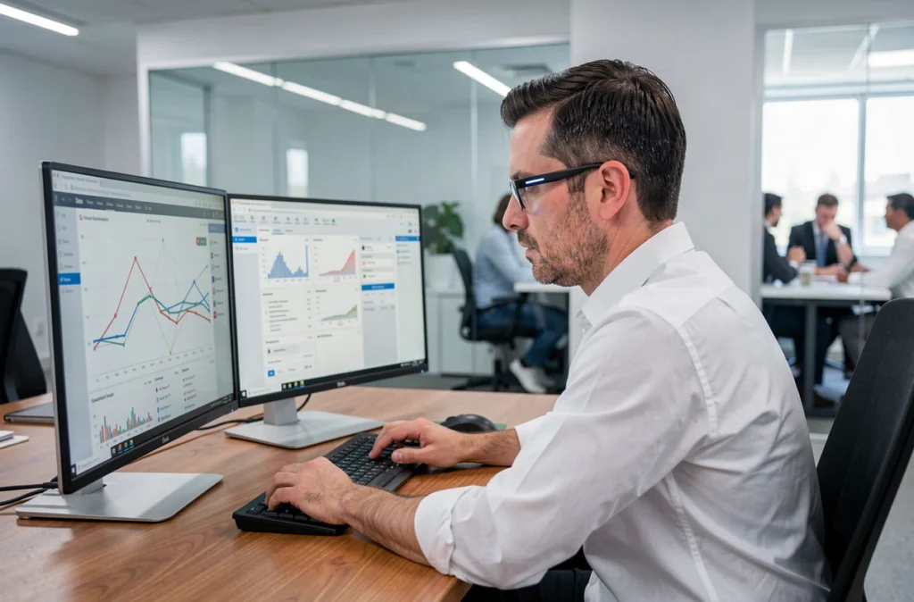 Consultant informatique d'OWM analysant des tableaux de bord réseau sur un poste de travail moderne