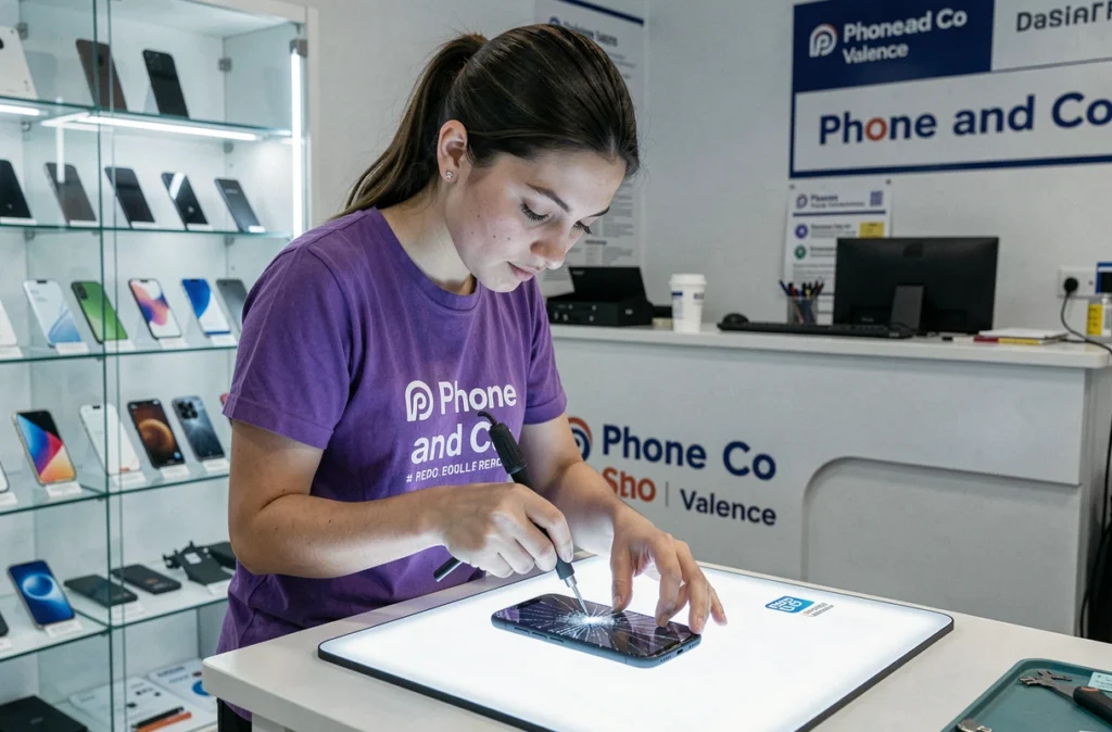 Technicienne de Phone and Co Valence remplaçant l'écran d'un smartphone sur un tapis de réparation