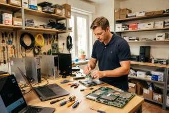 Atelier de réparation informatique dans la Drôme avec un technicien travaillant sur des ordinateurs