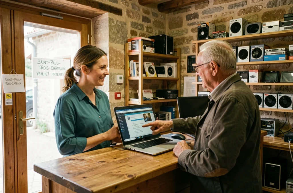 Technicienne de Saint-Paul-Trois-Châteaux Informatique accueillant un client au comptoir de service