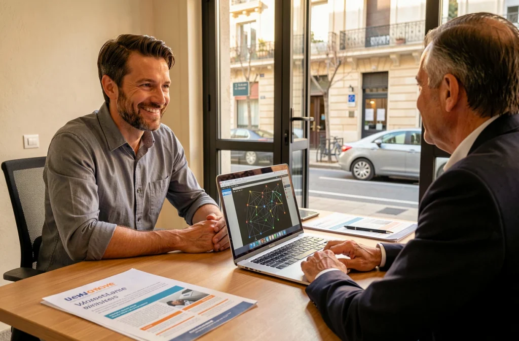 Consultant informatique de proximité en réunion avec un client d'une petite entreprise marseillaise pour un accompagnement personnalisé