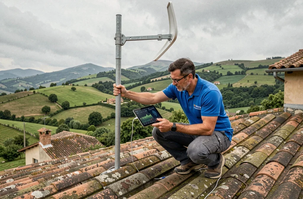 Technicien de WiFi 64 Solution Informatique installant une antenne WiFi sur un toit en milieu rural dans les Pyrénées
