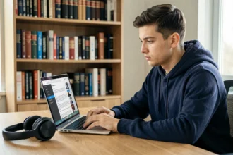 Jeune homme lisant les conditions légales d'un convertisseur YouTube MP3 sur son ordinateur portable dans un bureau à domicile
