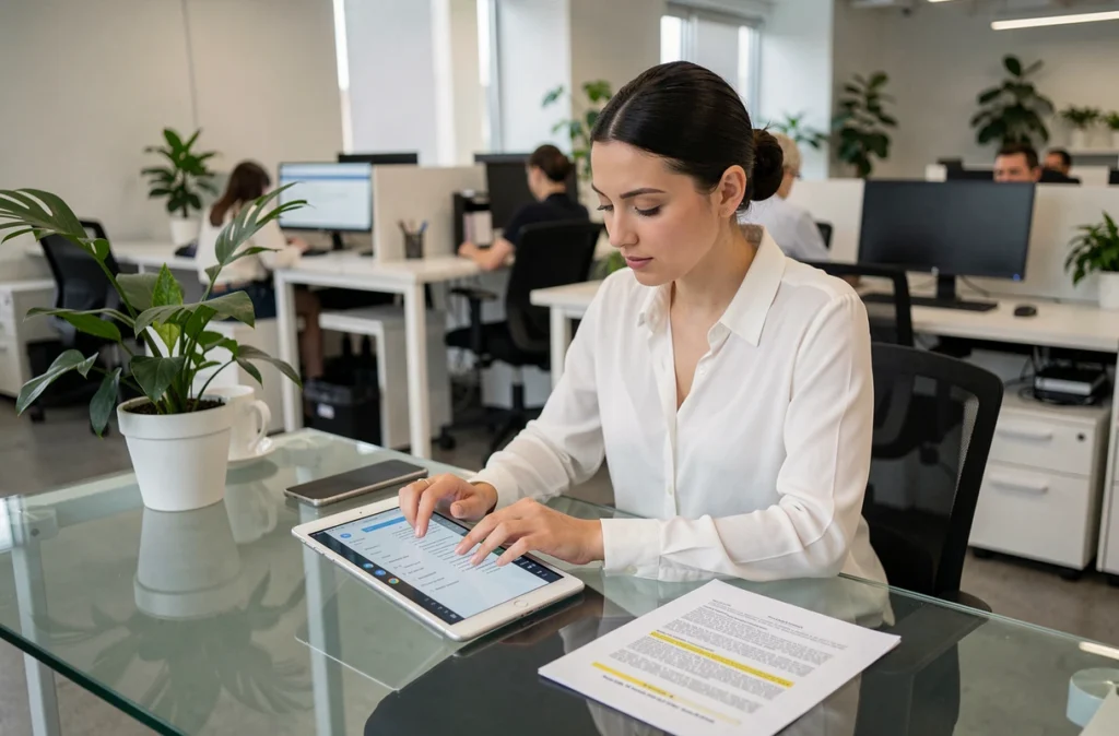 Femme consultant des réglementations sur le droit d'auteur musical et les convertisseurs YouTube légaux sur une tablette dans un espace de coworking